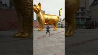 A boy throws a ball to unblock the golden statue of the big cat in the square. Original golden stat