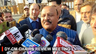 Deputy Chief Minister Surinder Kumar Chaudhary speaks after holding a review meeting in Anantnag