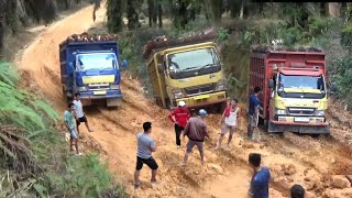 Bikin merinding, Truk sawit tarik tarikan di jalan berlumpur