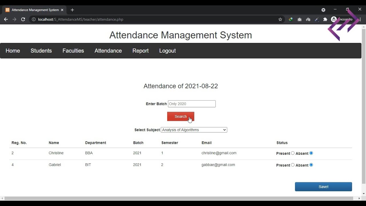 Student Attendance Management System Using Php Mysqli With Source Code ...