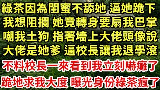 綠茶大罵我閨蜜窮鬼 我氣不過，伸手阻攔 她竟氣得要扇我巴掌，叫來校長 指著墻上大佬頭像說，她爸是商業大佬 逼校長開除我，不料校長一來看到我立刻嚇癱了，跪地求我大度 曝光身份綠茶瘋了#為人處世#養老