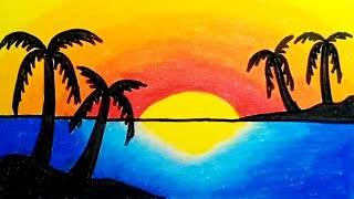 How To Draw Sunset Scenery For Beginners With Oil Pastels |Drawing Sunset Easy Scenery