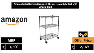 AmazonBasics Height Adjustable 3 Shelves Heavy Duty Rack with Wheels  Black