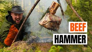 Giant meat cooked in a forest smoker - ASMR Outdoor Cooking