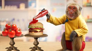 Monkey Baby jerry making new burger with tomato