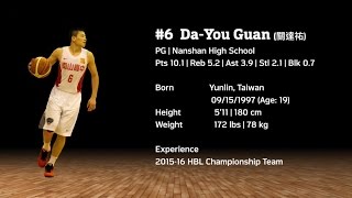 #6 Da-You Guan (關達祐)｜Class: 2016｜高三｜5'11 (180cm)｜172 lbs (78kg)｜南山高中｜PG｜Age: 19