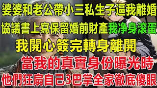 婆婆和老公帶小三和私生子逼我離婚，協議書上寫「保留婚前財產」！我開心簽完轉身離開，當我的真實身份曝光時，他們全家徹底傻眼！