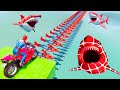 Superheroes on a motorcycle ride over the sea along the Spider-Man Bridge GTA 5