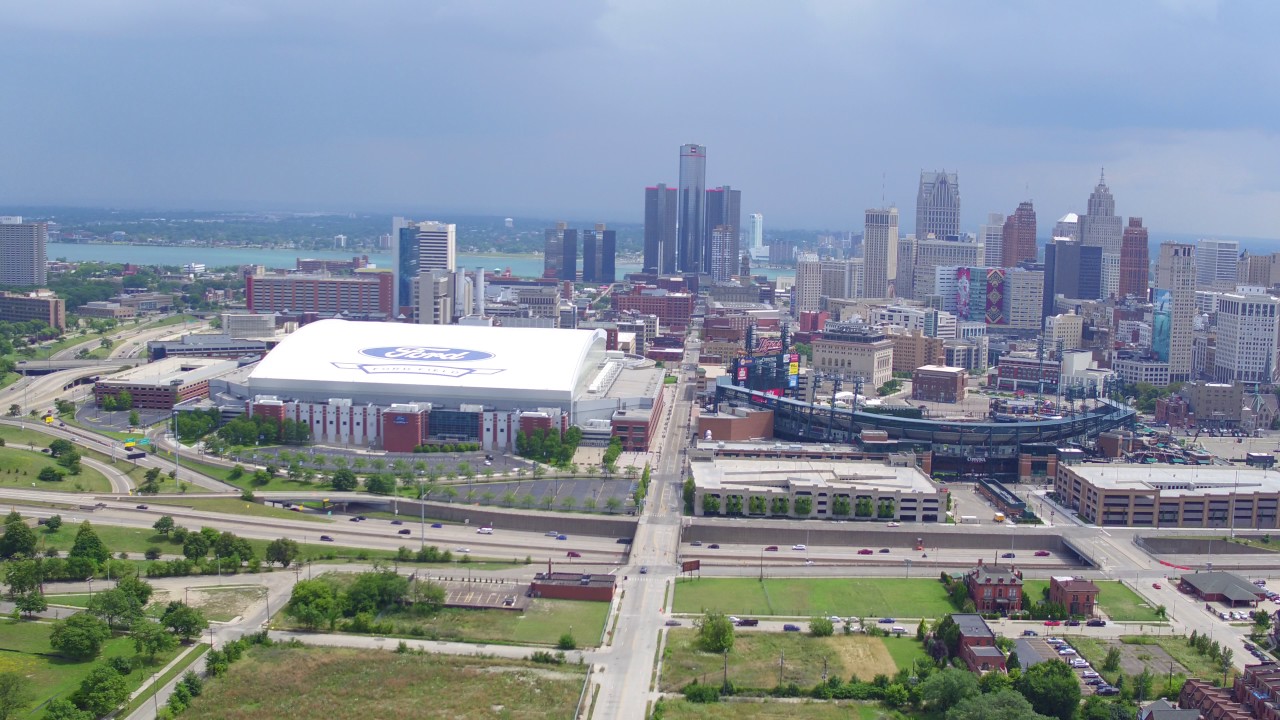 Drone View Of Downtown Detroit, Ford Field, Comerica Park And Little ...