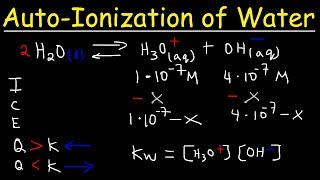 AutoIonization of Water, Ion Product Constant - Kw, Calculating H3O+, OH-, and pH Using Ice Tables