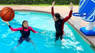 Wendy and Eric Learns Teamwork in Kids' Swimming Pool Basketball Game