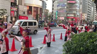 Traditional Japanese dancers in front of Monzen Nakacho station.