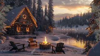 Snowfall on Lakeside with Cozy Crackling Fire Pit on Christmas Ambience