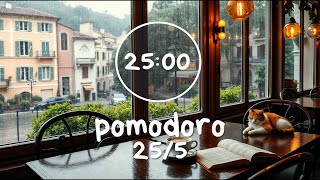 3h Study With Me - POMODORO 🍅 25-5 Lofi Music + Rain White Noise and Cat at Cafe