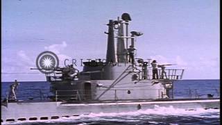 A U.S. submarine surfaces in the Pacific Ocean and is serviced  by a tender HD Stock Footage