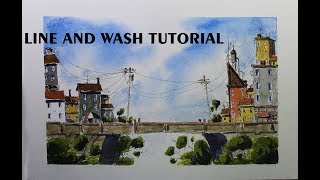 Line and wash Bridge and street scene,Easy style watercolor for beginner by Nil Rocha