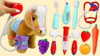 Pucci Pups Cute Horse Doll Visits Pet Vet Toy Hospital & Eats Toy Velcro Cutting Fruit and Veggies!