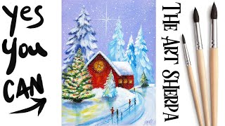 Winter Christmas Landscape with Red Barn Glowing Tree Beginners Acrylic Tutorial Step by Step