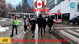 Walking Tour Toronto First Snow Fall Queen Street 4K || Virtual Tour Snowing Downtown Toronto Canada