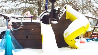Playing on the Pirate Ship Playground Park in Deep Snow and Sled Riding W/ Play Doh Girl