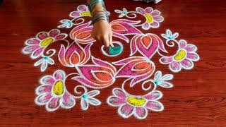 easy flowers rangoli designs with 5*1 dots making techniques easy to drawing everyone