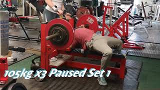 Paused Bench Press 105kg 6x3 First \u0026 Last Set