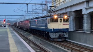 【4K】JR神戸線 EF65-2080＋コキ20両編成 コンテナ貨物列車 姫路駅通過