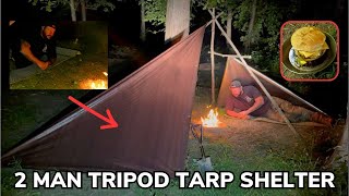 Solo Overnight Building a 2 Man Tripod Tarp Shelter. Camp Like a King