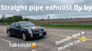 Cadillac STS V8 Straight Pipe Exhaust Fly By // Revs..