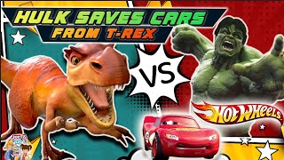 DINOSAUR ATTACK!! Disney Pixar Cars Lightning McQueen | Hulk Saves Cars From T-Rex