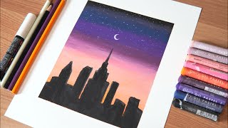 간단하게 도시의 밤 풍경을 그려보자🌙🌃ㅣ오일파스텔 그림ㅣ쉬운그림ㅣOil pastel drawingㅣDrawing the city of the evening