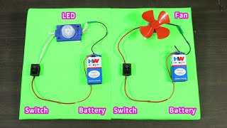 How to Make 2 in 1 Simple Electric Circuit with 9V Battery, Switch, LED, DC Motor | Working Model