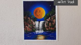 Red moon and waterfalls | Acrylic painting on canvas |[Art Pad]