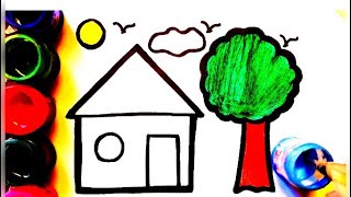 How to draw Easy house drawing and painting colouring for kids