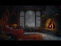 relax in a cozy winter cave with a roaring fire winter atmosphere with blizzard and howling wind