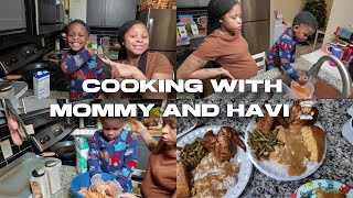 COOKING WITH ZANADIA + HAVI :)|rotisserie chicken, rice and gravy, cornbread, green beans ,kool aid