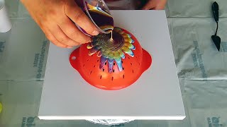 (749) Reversed Colander Acrylic pour ~ Beginners technique ~ Starburst flower fluid painting