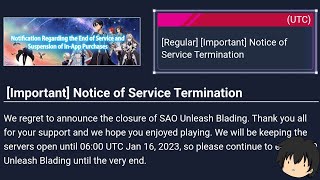 Sword Art Online Unleash Blading Is Shutting Down...