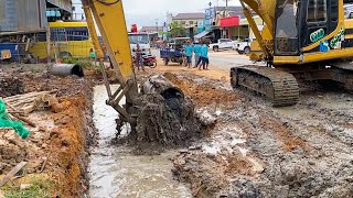 Massive Blocked Drain Unclogging Culvert Drain By Excavator