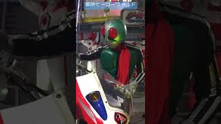 仮面ライダー新1号、新2号、サイクロン号、スペース蜘蛛男、スペースイカデビル 展示(懐かしの東映ヒーローワールド)