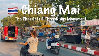 【4K🇹🇭】Chiang Mai Old Town at Evening - Tha Phae Gate, Chiang Mai Gate Market, Three Kings Monument