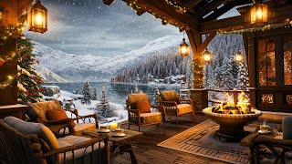 Cozy Winter Porch Ambience ⛄ Warm Piano Jazz Music and Crackling Fireplace on a Snowy Day for Relax