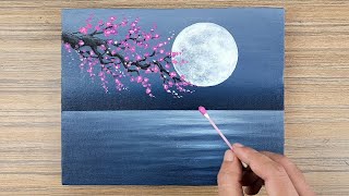 Full Moon Acrylic Painting for Beginners/ Cherry Blossom Painting