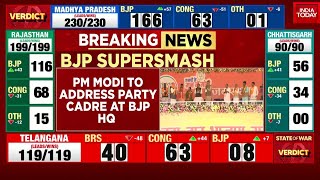 ബിജെപിയുടെ മെഗാ 3 സംസ്ഥാന വിജയത്തിൽ ആഘോഷങ്ങൾ പൊട്ടിപ്പുറപ്പെട്ടപ്പോൾ പ്രധാനമന്ത്രി മോദി ബിജെപി ആസ്ഥാനത്ത് പാർട്ടി കേഡറെ അഭിസംബോധന ചെയ്യും