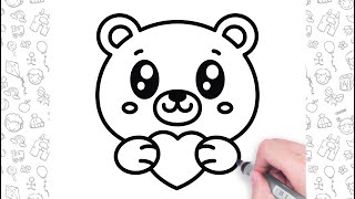 How to Draw A Cute Bear Holding A Heart | Easy Drawing For Kids | Dessin facile pour les enfants