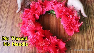 ஊசி நூல் இல்லாமல் செம்பருத்தி பூ மாலை இப்படியும் கட்டலாம் | no thread no needle hibiscus garland