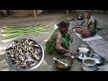 how to cook small fish recipe with kachu shak by santali tribe couple | mixed fish cooking style