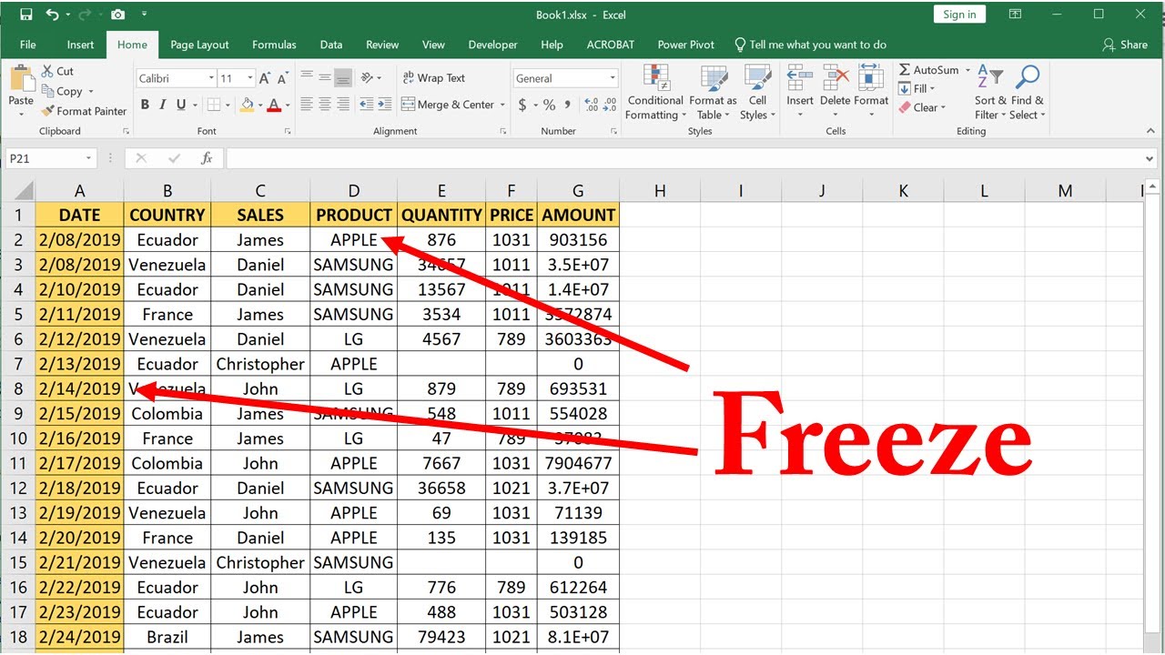 How To Freeze Rows And Columns At The Same Time In Excel 2019 - YouTube