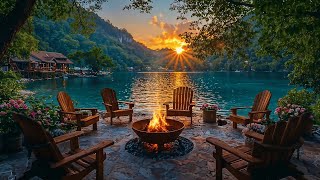 Cozy Spring Lakeside Retreat | Warm Fire Pit \u0026 Bird Sounds for Deep Relaxation 🔥🌅