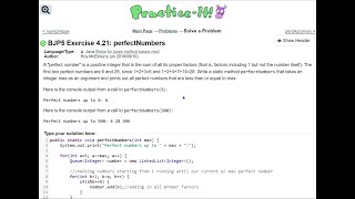 Java Practice It | Exercise 4.21: perfectNumbers | if/else, method basics, return